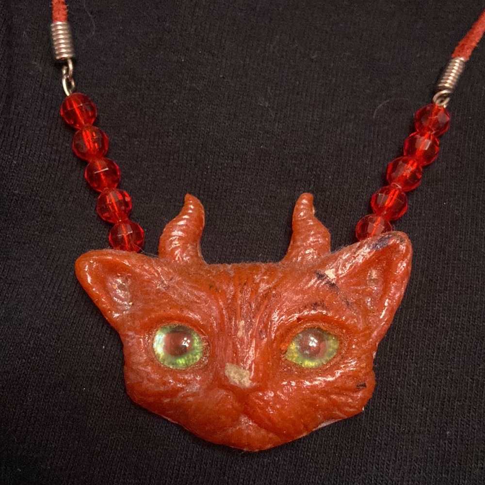 Devil cat necklace witchy glass eyes leather cord resin OOAK VT handcrafted 🐈‍⬛